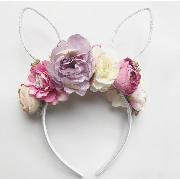 Floral white ear bunny headband