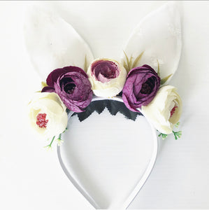 White and purple floral bunny headband