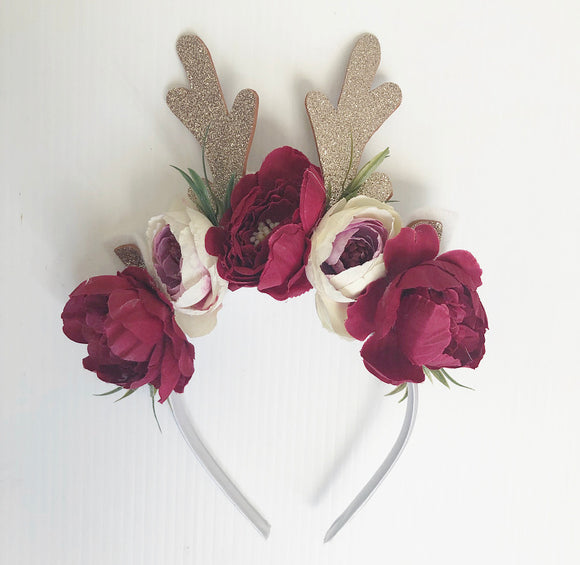 Reindeer red and white floral  headband