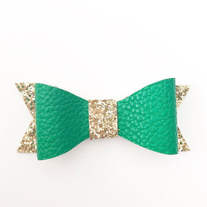 Green and gold faux leather bow