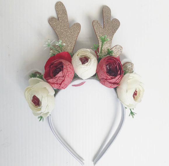 Reindeer white and red floral  headband